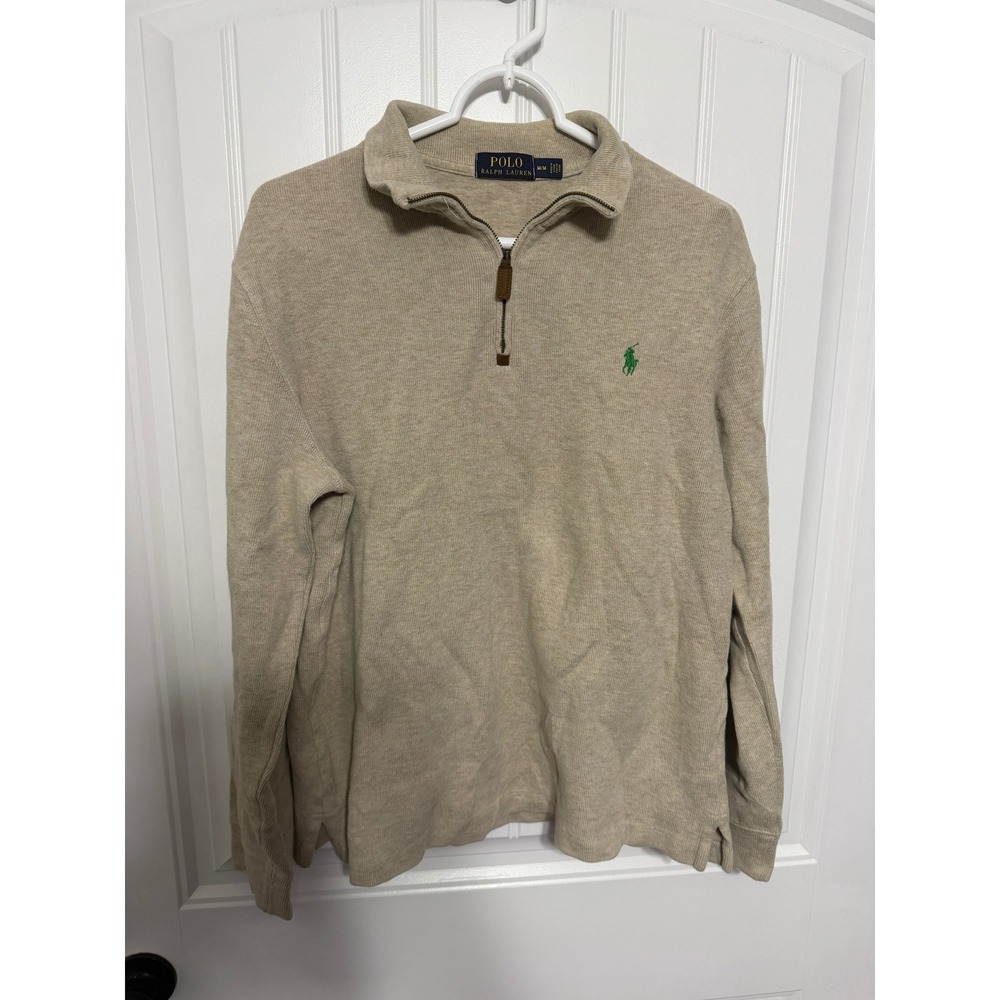Polo Ralph Lauren Sweater Mens Medium Quarter Zip Tan Cotton Pullover EUC